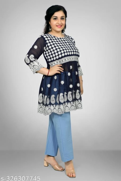 Georgette Chikankari Top for Women (Navy Blue, XL)