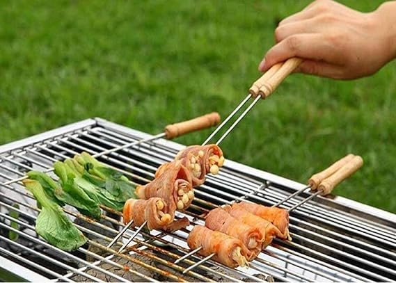 Stainless Steel Barbecue Skewers with Wooden Handle (Brown & Silver, 12 inches) (Pack of 12)