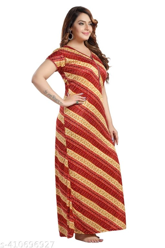 Satin Nightdress for Women (Red & Beige, L)