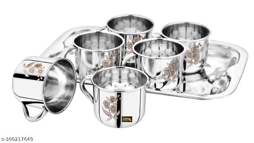 Stainless Steel Tea Cups (6x140 ml) with Serving Tray (Silver, Set of 2)