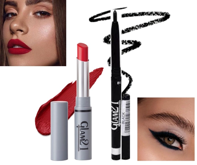 Glam21 Long Lasting Lipstick with Waterproof Kajal (Red & Black, Set of 2)