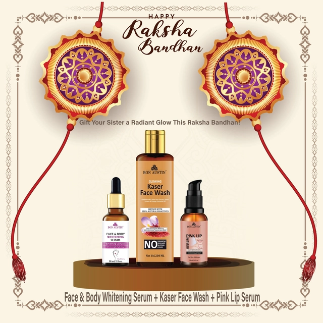 Combo of Bon Austin Face & Body Whitening Serum (30 ml) with Glowing Kesar Face Wash (200 ml) & Pink Lip Serum (30 ml) (Set of 3)