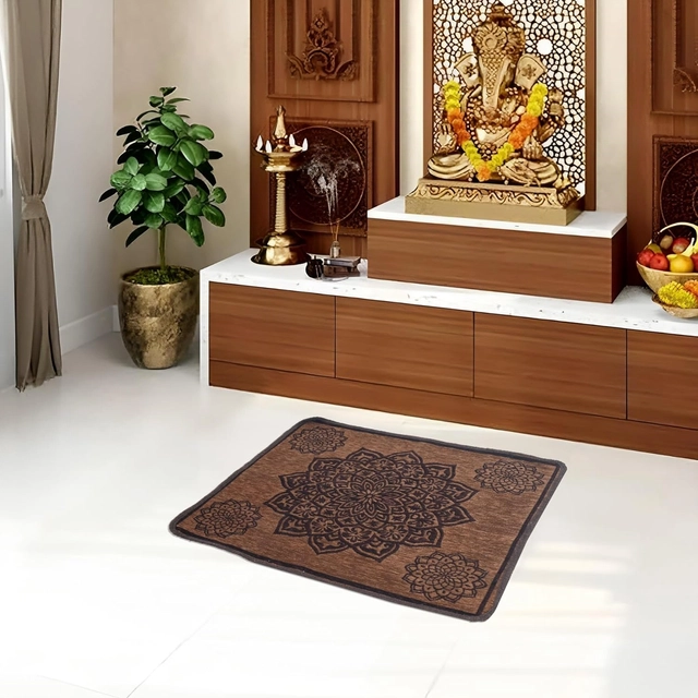 Chenille Velvet Pooja Mats (Brown, 60x60 cm)