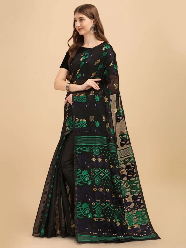 Cotton Printed Saree for Women (Black, 6.3 m)