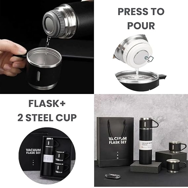 Stainless Steel Vacuum Flask Set with 2 Cups (Multicolor, 500 ml)