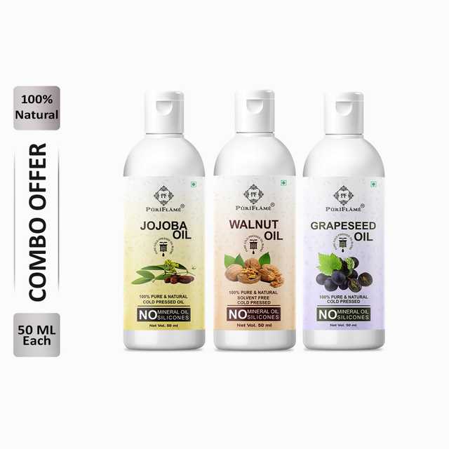 Puriflame Pure Jojoba Oil (50 ml), Walnut Oil (50 ml) & Grapeseed Oil (50 ml) Combo for Rapid Hair Growth (Pack Of 3) (B-11645)