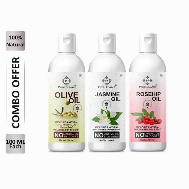 PuriFlame Pure Olive Oil (100 ml) & Jasmine Oil (100 ml) & Rosehip Oil (100 ml) Combo For Rapid Hair Growth (Pack Of 3) (B-6206)
