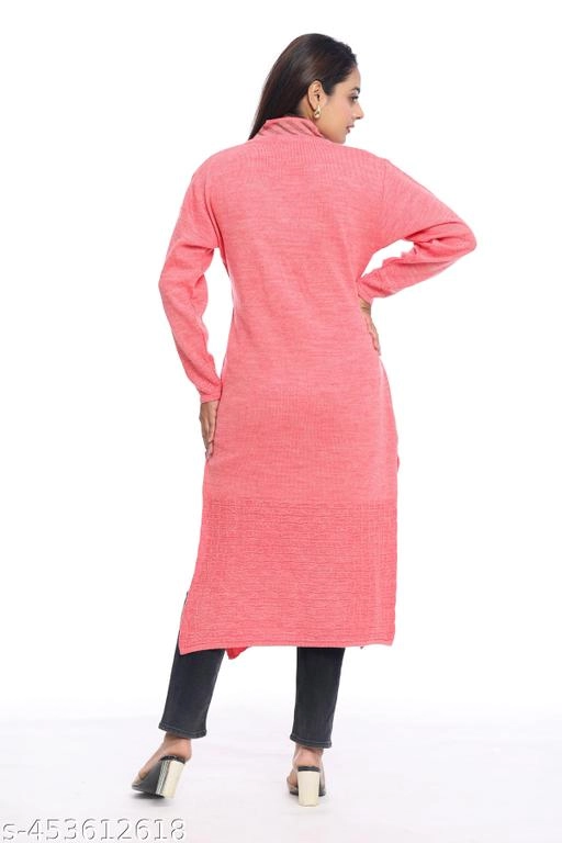 Woolen Printed Kurti for Women (Pink, L)