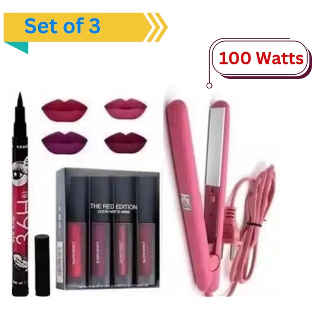 Combo of Huda Red Edition 4 In 1 Lipstick with 36 H Eyeliner & Professional Hair Straightener (Set of 3)