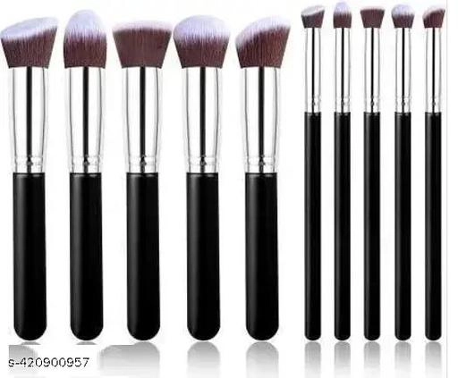 Plastic Makeup Brushes Set (Black, Set of 10)