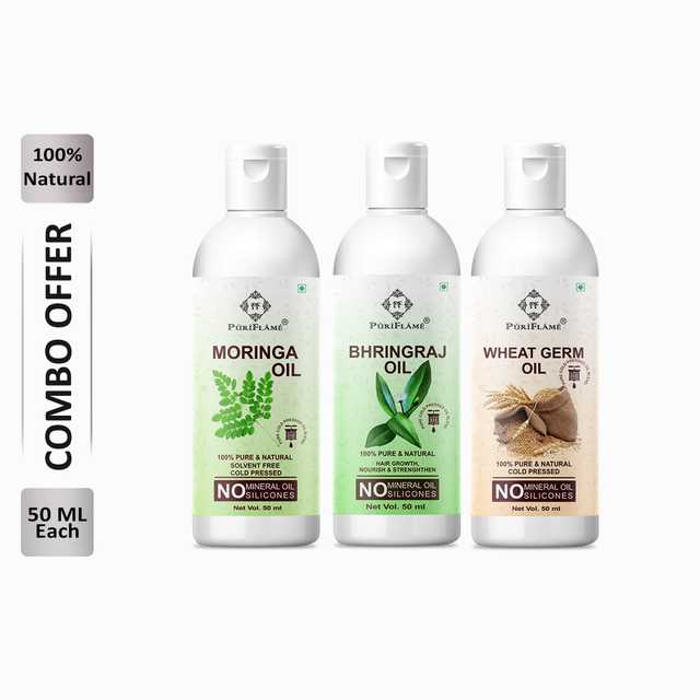 Puriflame Pure Moringa Oil (50 ml), Bhringraj Oil (50 ml) & Wheat Germ Oil (50 ml) Combo for Rapid Hair Growth (Pack Of 3) (B-11722)