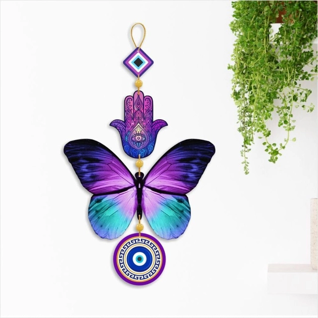 Khatu Crafts Butterfly Evil Eye Wooden Wall Hanging For Home Decor | Wall Accents (WH039) (15 inch X 10 inch, Multicolor)