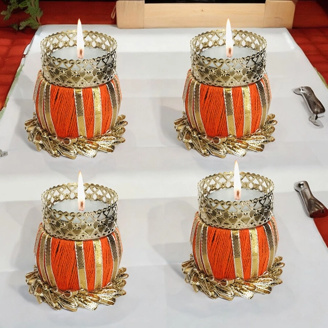 Metal Designer Tealight Candle Holder (Orange, 5x5x6 cm) (Pack of 4)