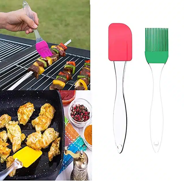 Square Stainless Steel Grill Pan with Spatula & Oil Brush (Multicolor, Set of 3)