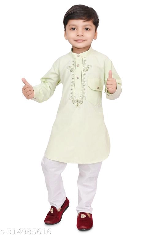 Cotton Blend Solid Kurta with Pyjama for Boys (Sea Green & White, 3-4 Years)