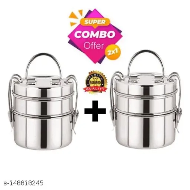 Stainless Steel 2 Layer Lunch Box (Silver, Set of 2)