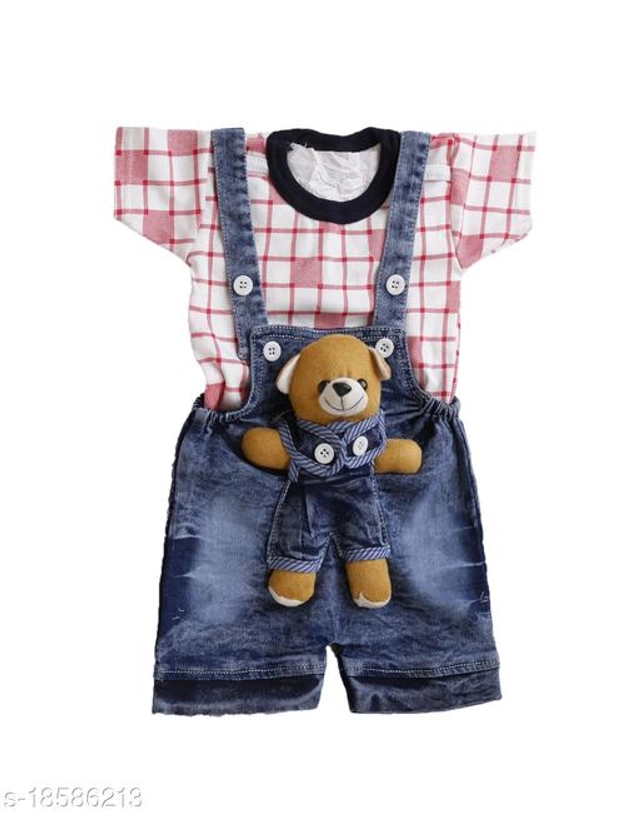 Denim Dungarees for Kids (Red & Blue, 0-6 Months)