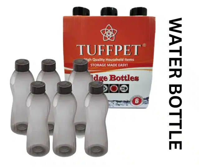 TUFFPET Plastic Water Bottles (Black, 1000 ml) (Pack of 6)