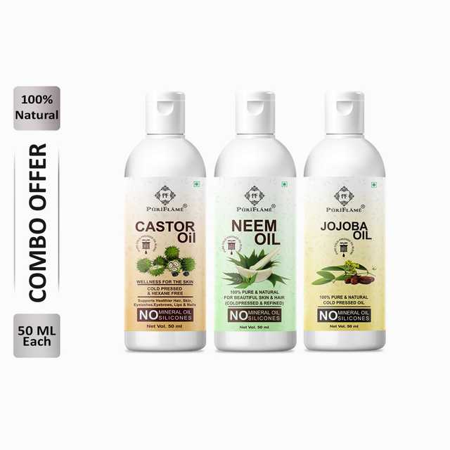 Puriflame Pure Castor Oil (50 ml), Neem Oil (50 ml) & Jojoba Oil ( 50 ml) Combo for Rapid Hair Growth (Pack Of 3) (B-10014)