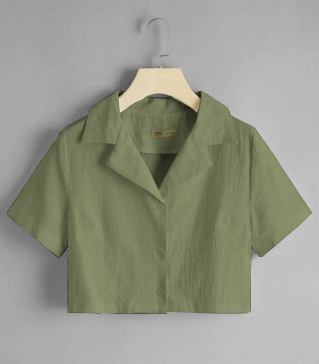 Half Sleeves Solid Crop Shirt for Women (Olive, S)