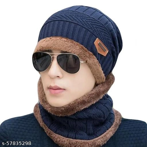 Woolen Cap with Neck Warmer for Men (Multicolor, Set of 1)