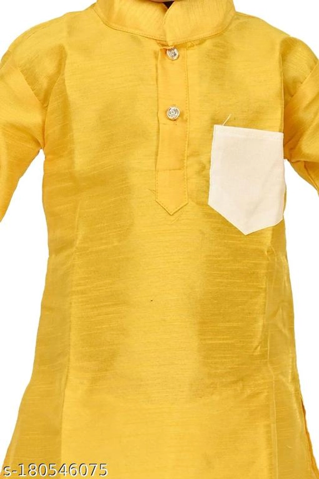 Art Silk Kurta with Pyjama Set for Kids (Yellow & White, 2-3 Years)