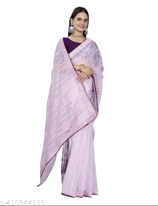 Organza Embroidered Saree for Women (Lavander, 6.3 m)