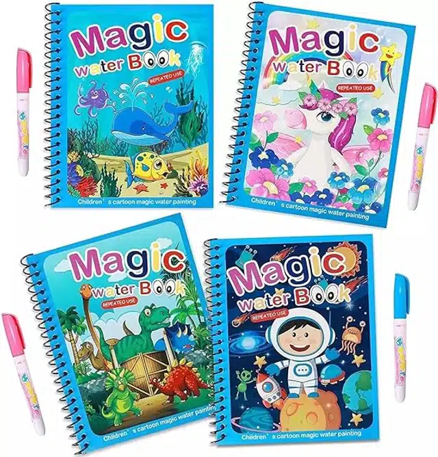 Reusable Quick Dry Water Painting Book with Doodle Pen for Kids (Multicolor, Pack of 4)