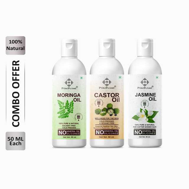Puriflame Pure Moringa Oil (50 ml), Castor Oil (50 ml) & Jasmine Oil ( 50 ml) Combo for Rapid Hair Growth (Pack Of 3) (B-11747)