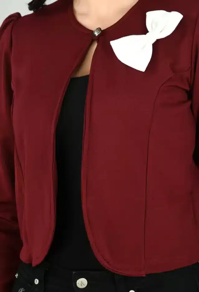 Three Quarter Sleeves Shrug for Women (Maroon & White, S)