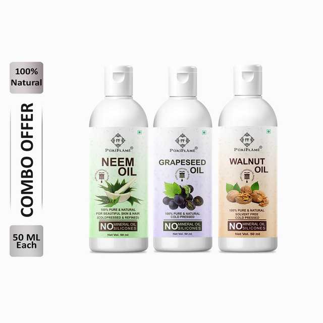 PuriFlame Pure Neem Oil (50 ml) & Grapeseed Oil (50 ml) & Walnut Oil (50 ml) Combo For Rapid Hair Growth (Pack Of 3) (B-12112)