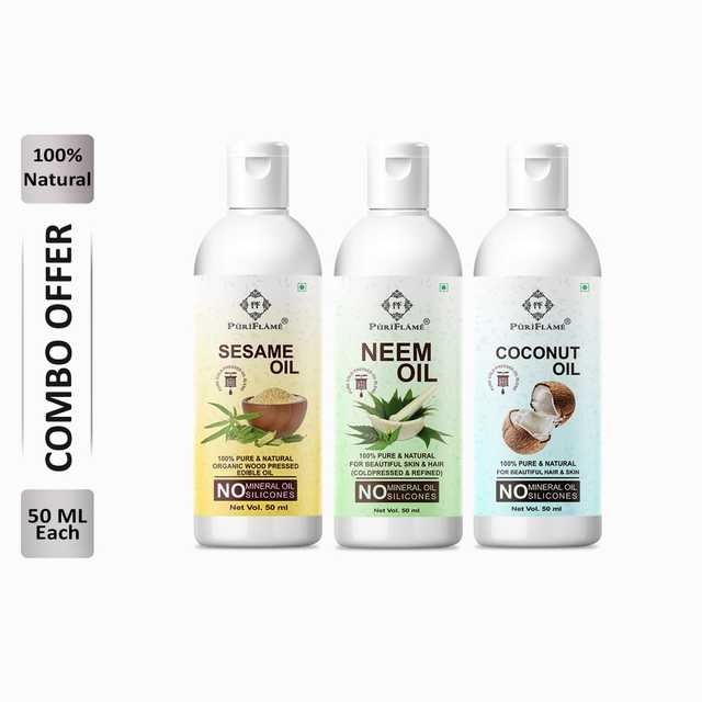 Puriflame Pure Sesame Oil (50 ml), Neem Oil (50 ml) & Coconut Oil ( 50 ml) Combo for Rapid Hair Growth (Pack Of 3) (B-13700)