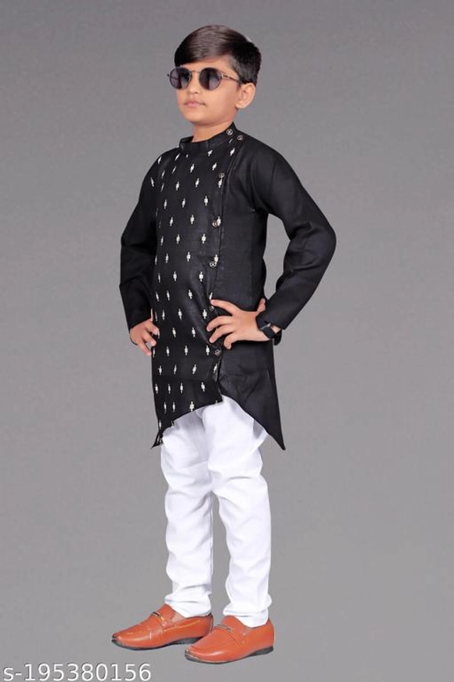 Cotton Blend Kurta Sets for Boys (3-4 Years, Black & White)