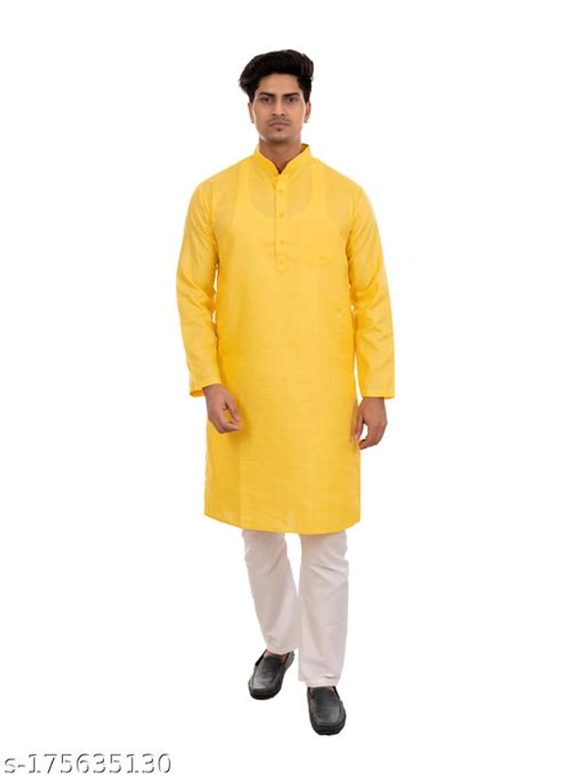 Cotton Blend Kurta for Men (Yellow, S)