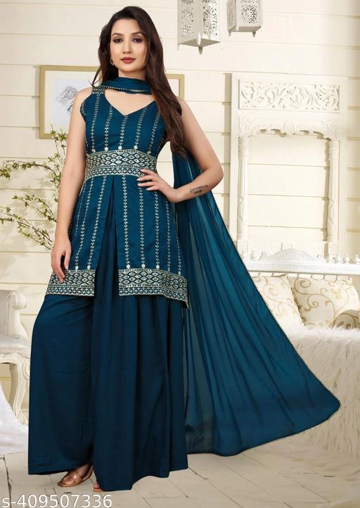 Rayon Embroidered Kurti with Sharara & Dupatta for Women (Teal, S)