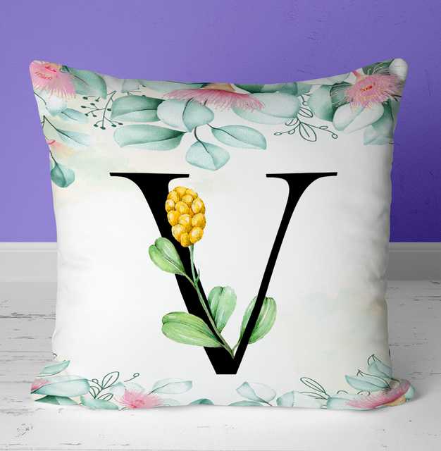 Colorful Floral Alphabet Letter V Printed Cushion Cover with Filler (Black, 12x12 Inch) (GT-1059)