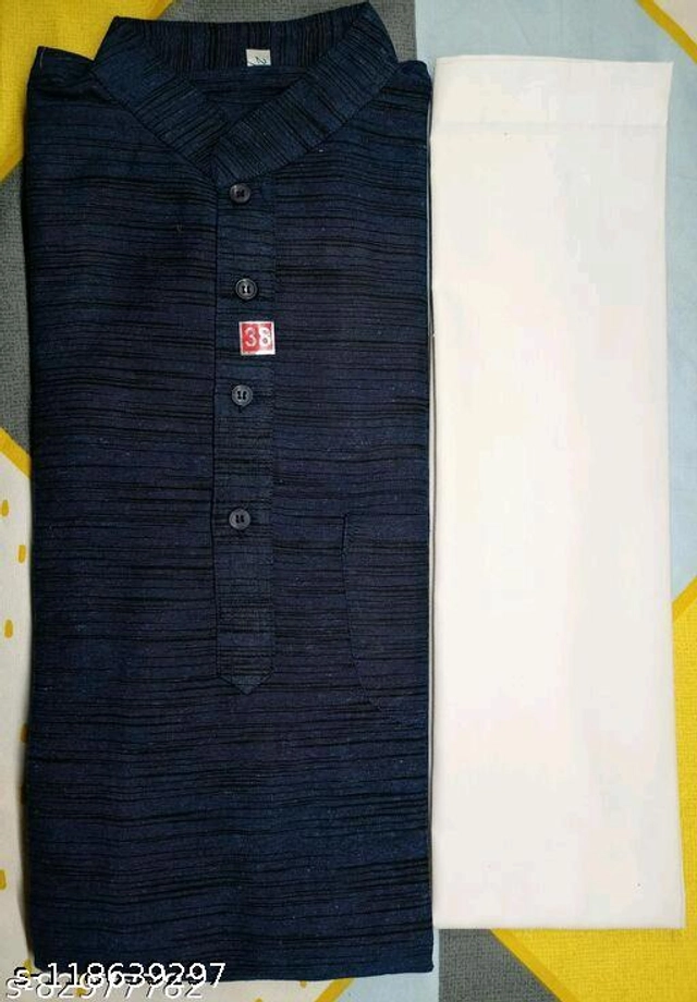 Khadi Cotton Solid Kurta with Pyjama for Men (Navy Blue & White, S)