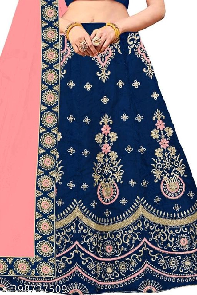 Satin Embroidered Lehenga with Choli & Dupatta for Girls (Blue & Pink, 2-3 Years)