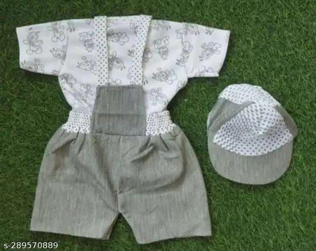 Dungaree Set with T-Shirt & Cap for Newborn Baby Boy (White & Grey, 0-3 Months)