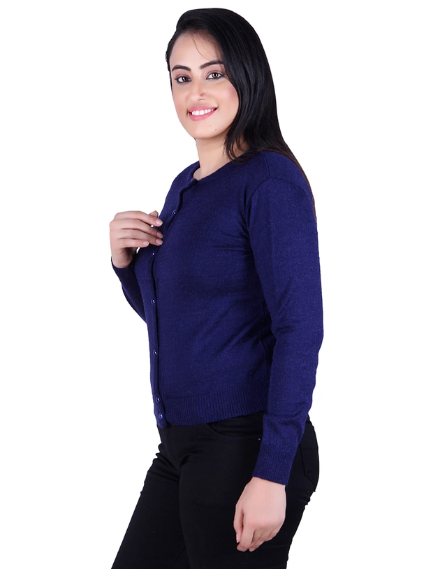 Round Neck Solid Cardigans for Women (Navy Blue, M)