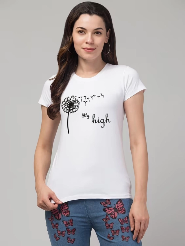 Round Neck Printed T-Shirt for Women (White, S)