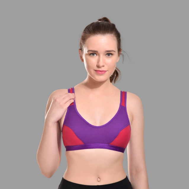 Cotton Colorblocked Non-Padded Sports Bra for Women (Purple & Red, 28)