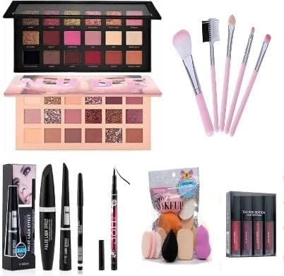 Combo of Eyeshadow Palette with 5 Pcs Makeup Brushes, 6 Pcs Blenders, 3-in-1 Mascara-Kajal-Eyeliner, 4 Pcs The Red Edition Matte Lipsticks & 36H Waterproof Eyeliner (Multicolor, Set of 6)