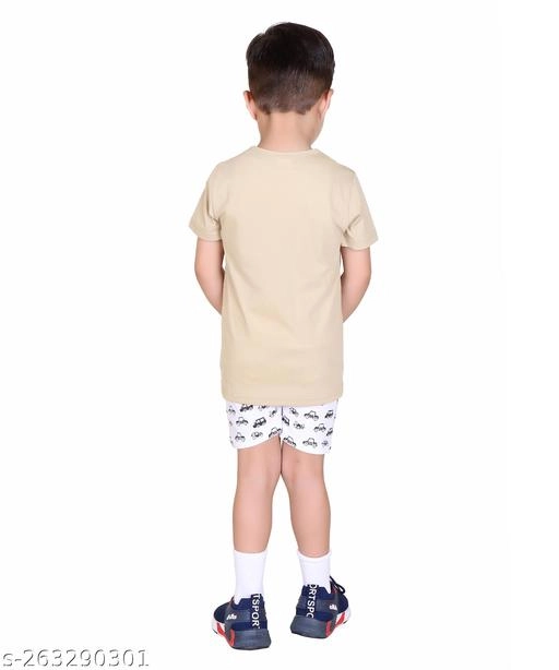 Cotton Printed Clothing Set for Boys (Beige, 6-9 Months)