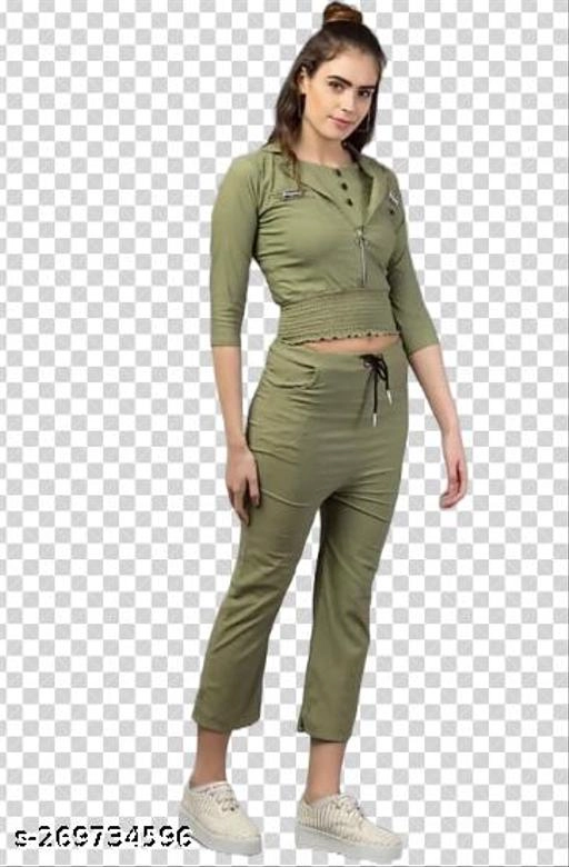 Cotton Blend Solid Top & Bottom Set for Women (Olive, L)