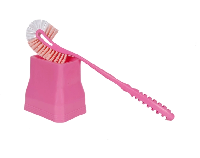 Plastic Toilet Brush with Holder (Pink & White, Set of 1)