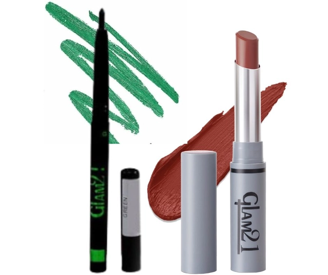 Glam21 Matte Non Transfer Lipstick with Sharpener & Glam21 Waterproof Kajal (Dark Cocoa & Green, Set of 2)