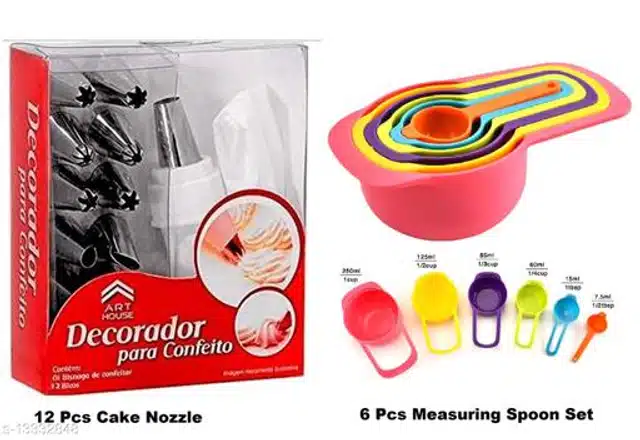 Cake Nozzles (12 Pcs) with 6 Pcs Measuring Cups & Spoons (Multicolor, Set of 2)