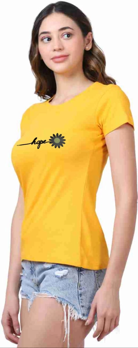 Round Neck Printed T-Shirt for Women (Yellow, S)