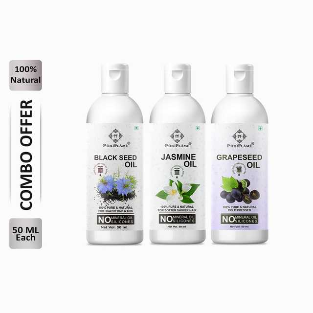 Puriflame Pure Black Seed Oil (50 ml), Jasmine Oil (50 ml) & Grapeseed Oil (50 ml) Combo for Rapid Hair Growth (Pack Of 3) (B-9655)
